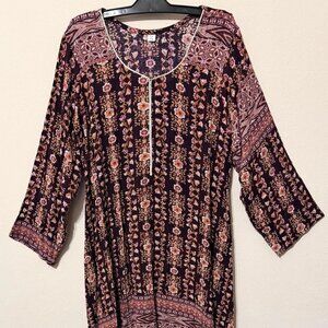 Women's Kaftan Loose Maxi Shirt Dress Brown Maroon Flower Print Lounge Wear XL
